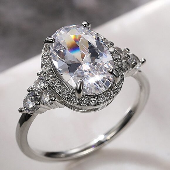 Jewelry - Beautiful Noble Oval Pure CZ Macro Pave Silver Wedding Luxury Rings, K936